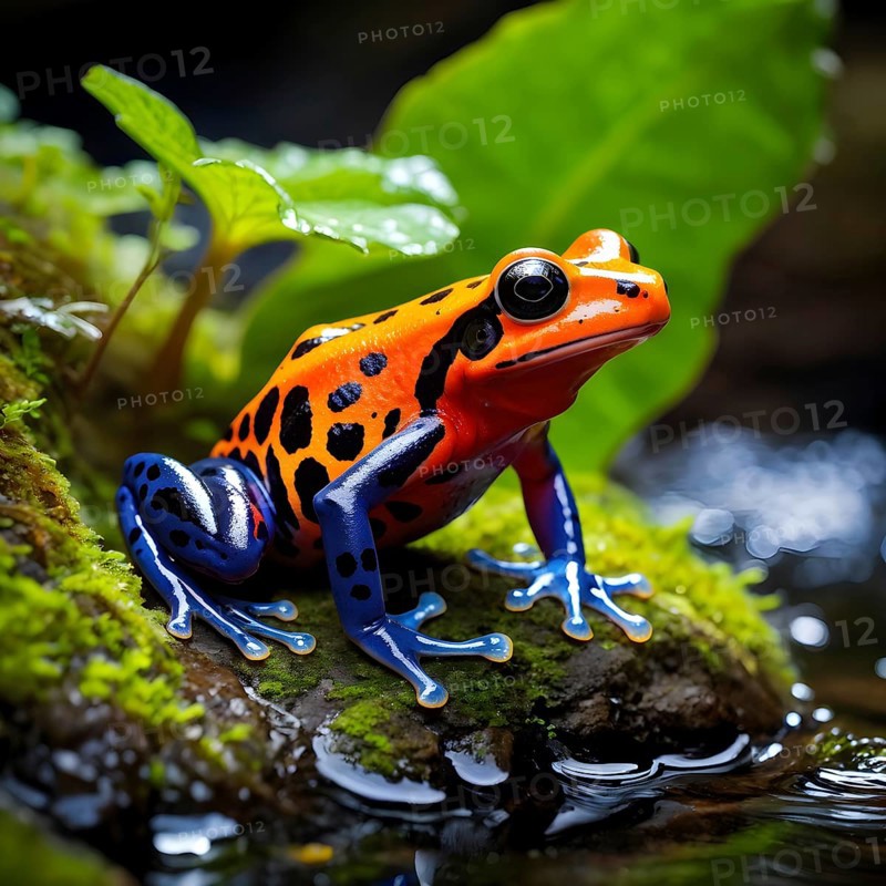 Poison dart frog adorned in bright vivid hues sitting near a moss covered rock, AI generated
