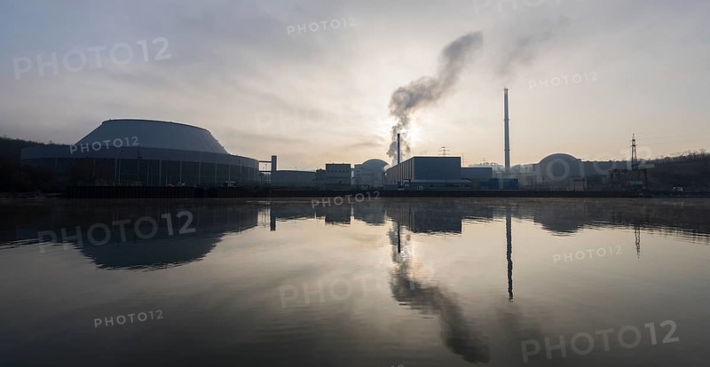 Energy turnaround, shutdown Neckarwestheim nuclear power plant on the Neckar, sunrise, foggy, Neckarwestheim, Baden-Württemberg, Germany, Europe