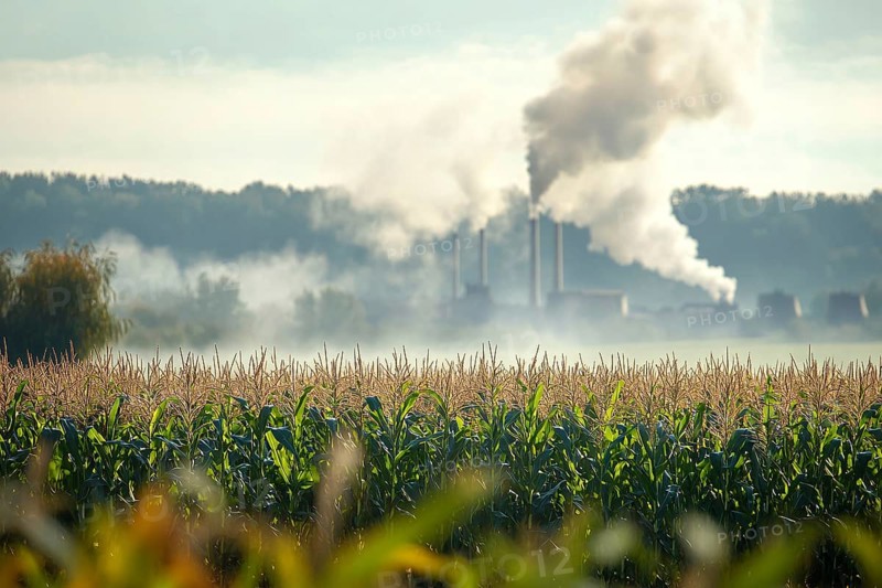 Agricultural field and factory with fumes in blurry background. Generative Ai, AI generated