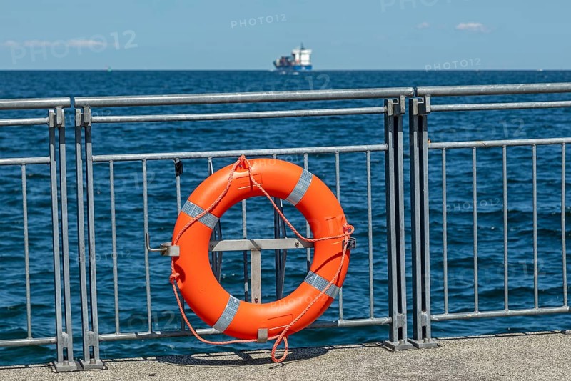 Lifebuoy, ferry dock, container ship, Falckenstein, Kiel, Kiel Fjord, Schleswig-Holstein, Germany, Europe