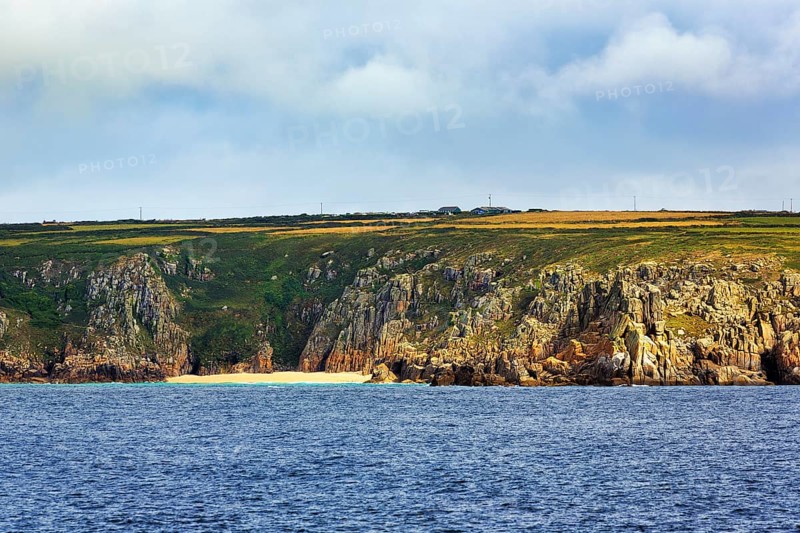 Cliffs and Pedn Vounder beach, coastline at Treen, St Levan, Penwith, Cornwall, England, United Kingdom, Europe