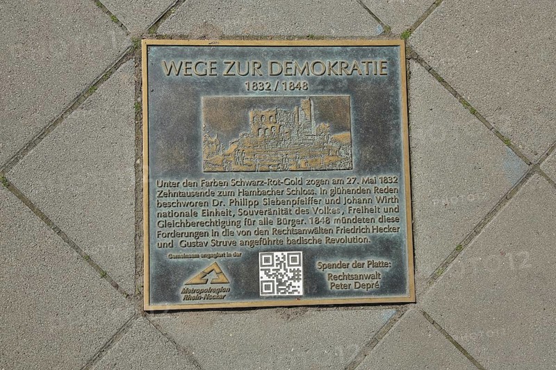 Memorial plate on the ground to German democracy, Hambach Castle, history, historical, monument, German, text, QR code, year, 1848, Mannheim, Hesse, Germany, Europe