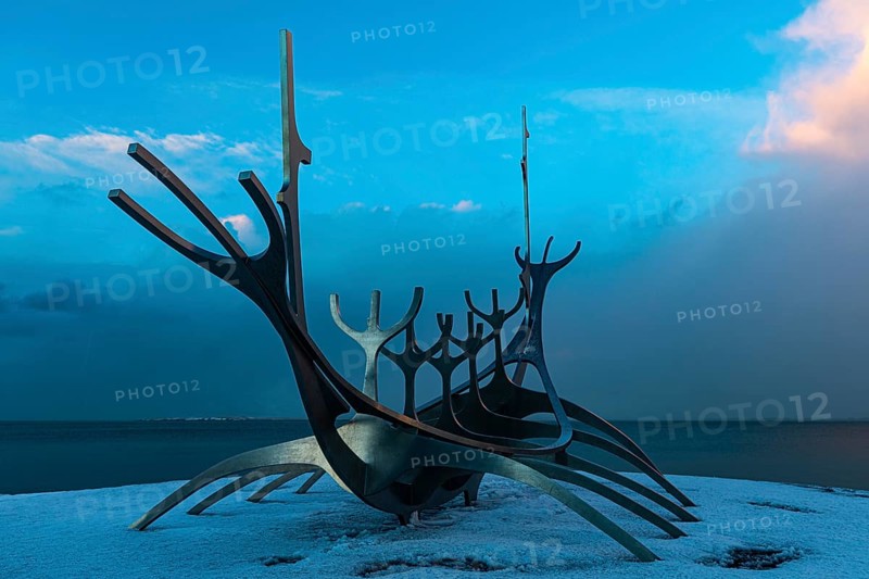 Viking Ship Sculpture at Sunset, Sun Voyager, Reykjavik, Reykjanes Peninsula, Sudurnes, Iceland, Europe