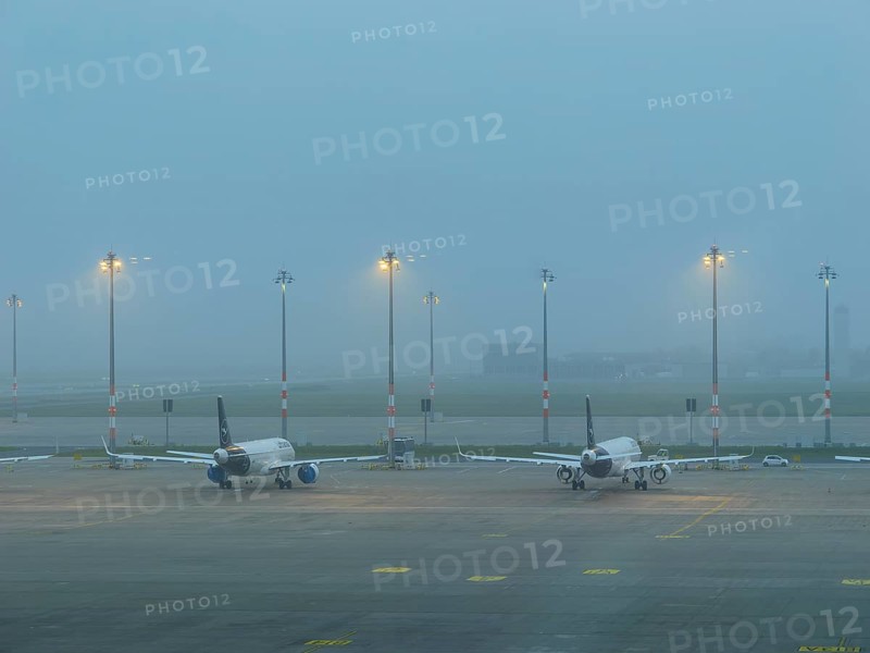 Berlin BER airport, tarmac in the morning in the haze, November fog, Berlin, Germany, Europe