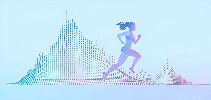 Illustration of a wave of data points shaping into a female runner silhouette, purple pastel hues, conveying speed and precision guided by AI, AI generated