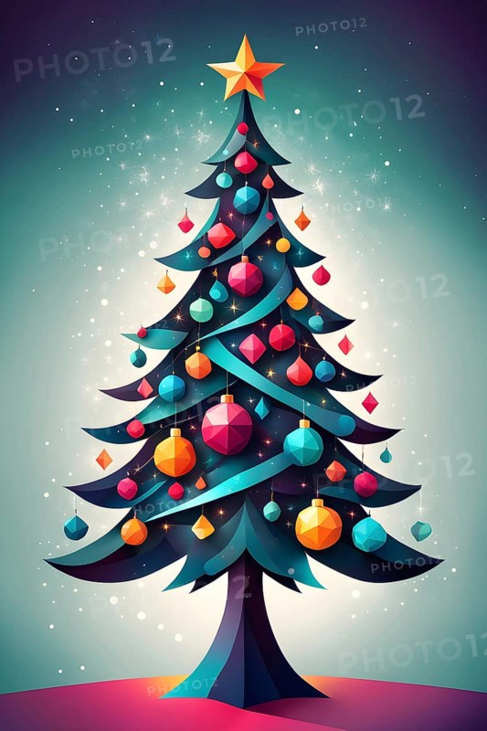 Abstract Christmas tree illustration with vibrant colors and geometric shapes, AI generated