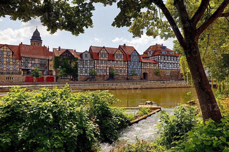 Town view with half-timbered houses and the river Fulda, Hann. Münden or Hannoversch Münden, Lower Saxony, Germany, Europe