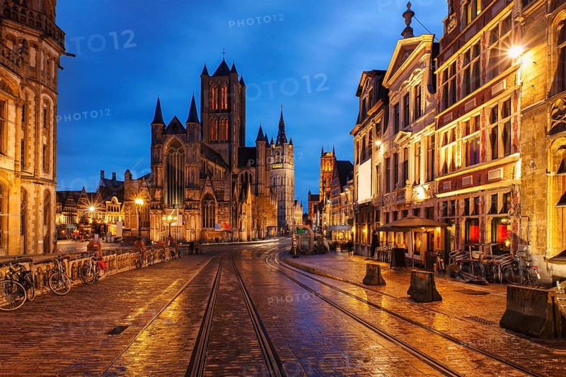 Sint-Niklaaskerk and Belfry of Ghent. Sint-Michielshelling street. Ghent, Belgium, Europe