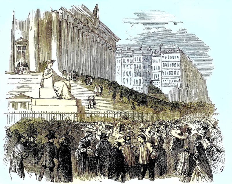 The receipt of the stock exchange on the day of the closing of the subscription of the bond, War Bond for the Franco-Prussian War, 1870, Paris, France, Historic, digitally restored reproduction of an original 19th century master, exact original date unknown, Europe