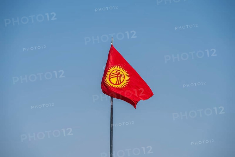 Kyrgyz flag in front of a blue sky, Bishkek, Kyrgyzstan, Asia