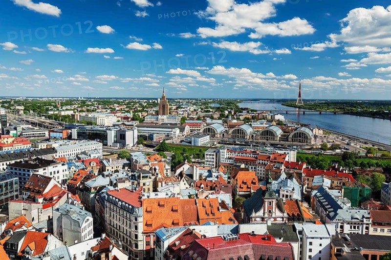 Aerial view of Riga center from St. Peter's Church, Riga, Latvia, Europe