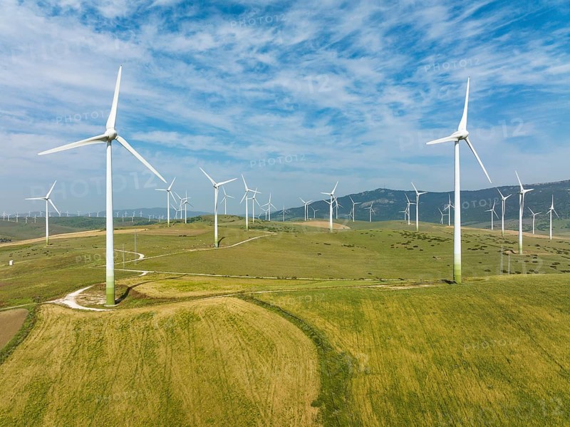 Windmills on a wind farm near Zahara de los Atunes, aerial view, drone shot, Cádiz province, Andalusia, Spain, Europe