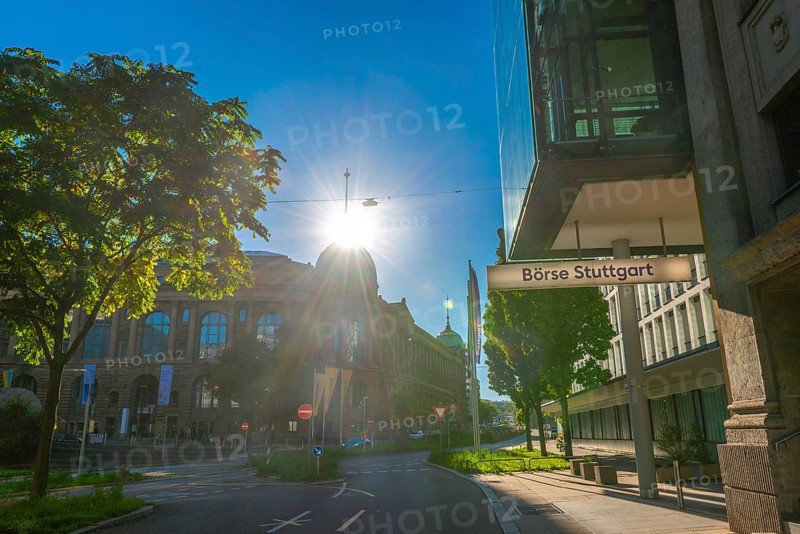 Haus der Wirtschaft (left) cultural monument, built 1889-1896, new baroque, Stuttgart stock exchange (right), backlight, tree, street, Stuttgart, Baden-Württemberg, Germany, Europe