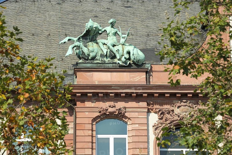 Sculpture Europe on a bull, mythical creature, Greek, mythology, Senckenbergmuseum, Westend, Main, Frankfurt, Hesse, Germany, Europe