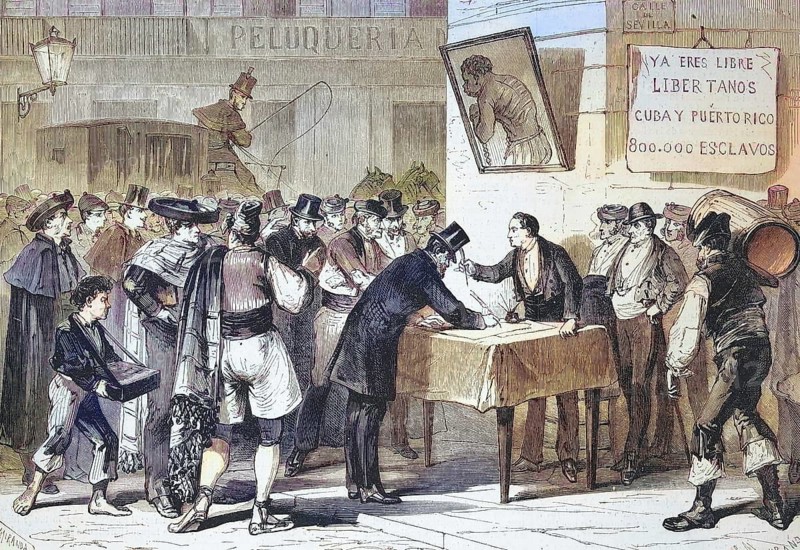 Public subscription in Madrid for the repurchase to free slaves from Cuba and Puerto Rico, 1869, Spain, Historic, digitally restored reproduction of an original 19th century master, exact original date unknown, Europe