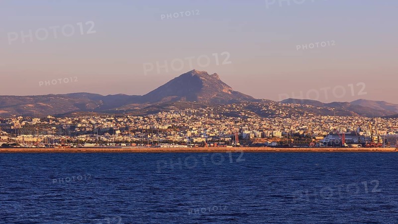 Coastline, mountain, sea, view from sea, blue cloudless sky, Heraklion, capital, island of Crete, Greece, Europe