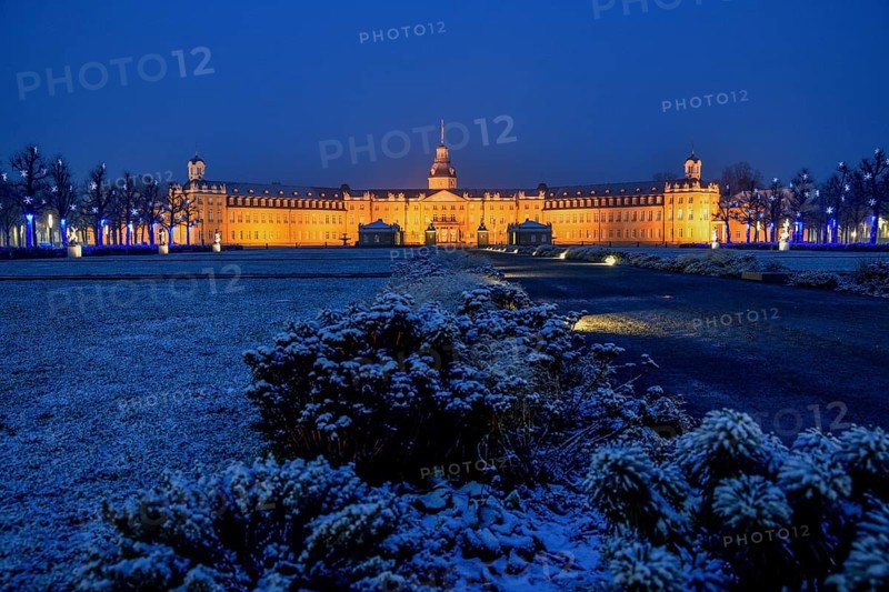 Karlsruhe castle with snow, front view, blue hour, Karlsruhe, Baden-Württemberg, Germany, Europe