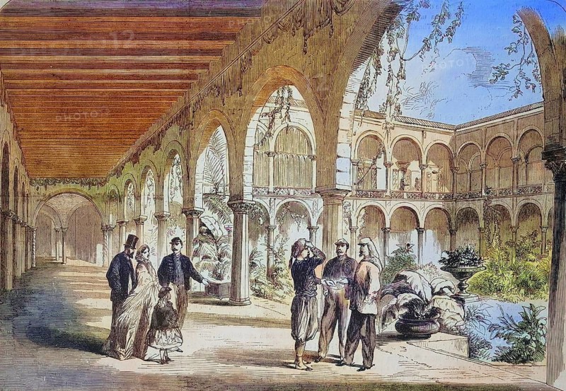 Inner courtyard of the Governor's Palace, Beys Palace or Ahmad Bey Palace, in Constantine, 1869, Algeria, Historic, digitally restored reproduction of a 19th century original, exact original date unknown, Africa