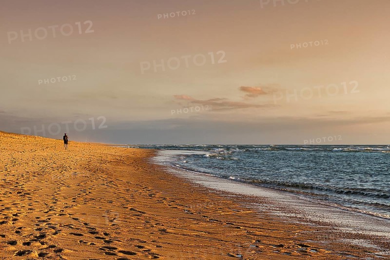 Coastline, lonely walker on beach, enjoying evening light, Soustons Plage, Silver Coast, Côte dArgent, Atlantic Ocean, Soustons, Landes, Nouvelle-Aquitaine, France, Europe