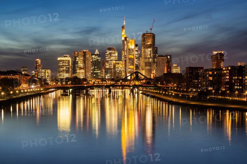 Twilight shot, skyline, banking district, financial district, Taunus Tower, Tower 185, Commerzbank, Messeturm, HelaBa, Hessische Landesbank, Deutsche Bank, FOUR, Kaiserdom, Flößerbrücke, reflection in the Main, blue hour, Frankfurt am Main, Hesse, Germany, Europe