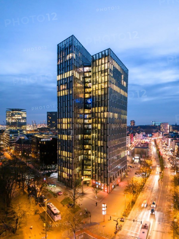 Aerial view Dancing Towers at blue hour with Reeperbahn, St. Pauli, Hamburg, Germany, Europe