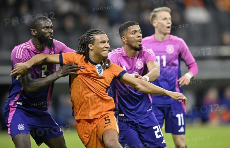 duel, action, Benjamin Henrichs GER Chris Führich GER Antonio Rüdiger GER vs Nathan Aké NED international match Germany GER vs Netherlands NED, Deutsche Bank Park, stadium, Frankfurt am Main, Hesse, Germany, Europe