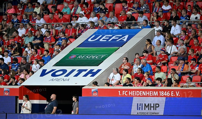 Logo UEFA RESPECT Europa-League, Conference League, above players' tunnel, Voith-Arena, Heidenheim, Baden-Württemberg, Germany, Europe