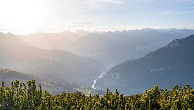 View of mountain panorama into the Upper Inn Valley in the morning light, Krahberg on the Venet, Ötztal Alps, Tyrol, Austria, Europe