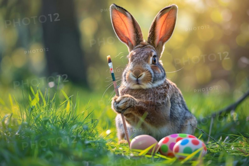 A humanised young hare holds a paintbrush in its paw and paints Easter eggs in a meadow, AI generated, AI generated, AI generated