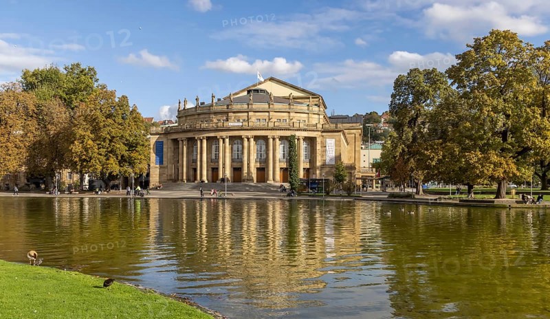 Opera house with corner lake. Stuttgart, Baden-Württemberg, Germany, Europe