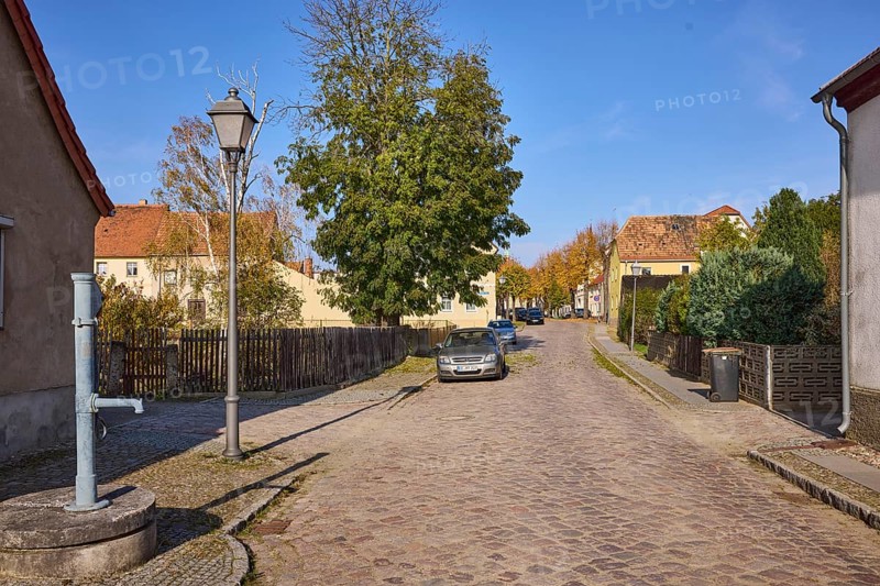 Cobbled street, lantern, historic public hand pump, residential buildings and trees, cloudless blue sky, Himmelreich, Mühlberg Elbe, Elbe-Elster district, Brandenburg, Germany, Europe