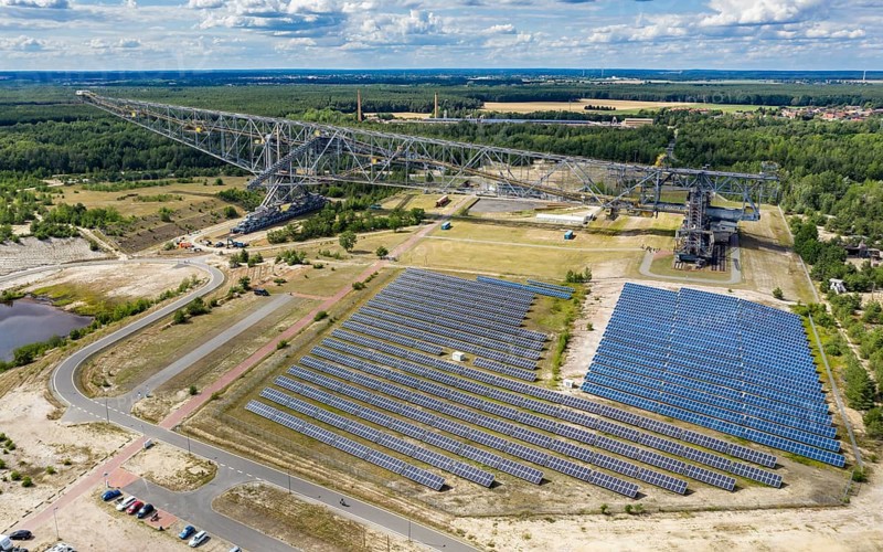 Solar plant at conveyer brigde F60 in Lichterfeld, now a museum left after coal mining. Two excavators together were able to skim a maximum of 60 metres of overburden, hence the name F60, Lusatia, Brandenburg, Germany, Europe