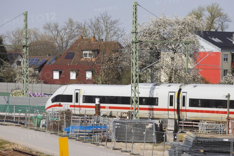 Rastatt Tunnel construction site on the Rhine Valley line with ICE, Deutsche Bahn AG infrastructure project. Construction work began in 2013 and was due to be completed in 2022. The project has been delayed due to an accident involving a tunnel boring machine and is now scheduled for completion in 2026, Rastatt, Baden-Württemberg, Germany, Europe