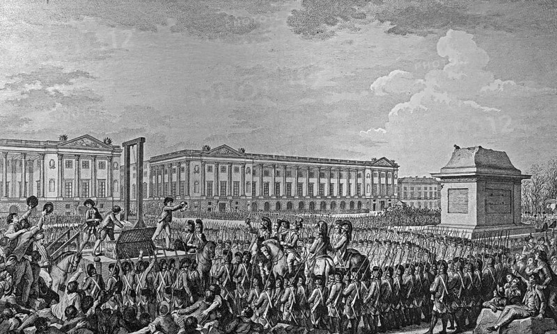 Execution by guillotine in 1793 of Louis Capet, Louis XVI, last king of France at the Place de la Révolution in Paris, etching by Charles Monnet