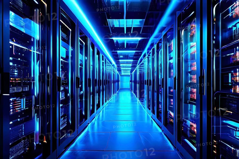 Modern server room teeming with racks of servers, AI generated