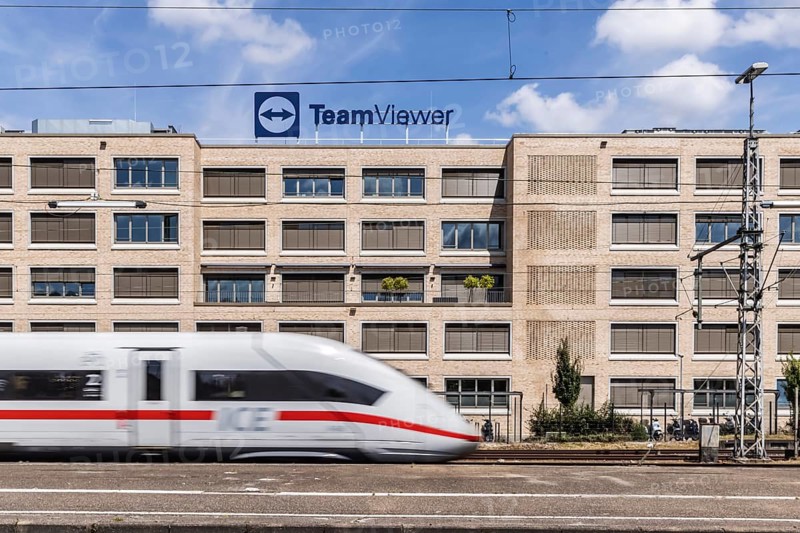 TeamViewer Deutschland GmbH, software company. Company headquarters with logo at the main railway station with ICE. Göppingen, Baden-Württemberg, Germany, Europe