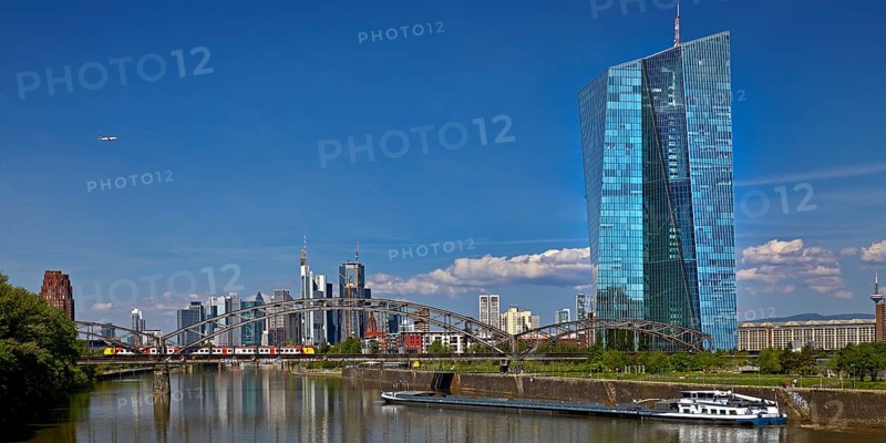 ECB European Central Bank with cargo ship on the river Main and the skyline of Frankfurt am Main, Hesse, Germany, Europe