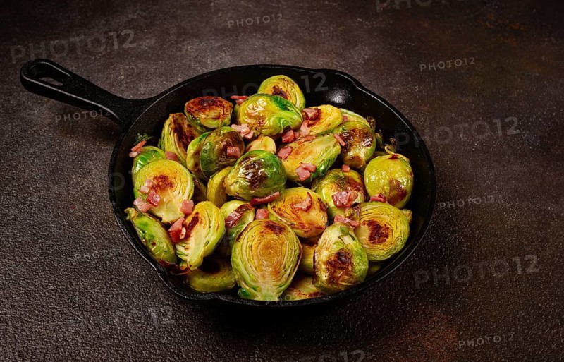 Roasted brussels sprouts, with bacon, vegetarian food, homemade, no people