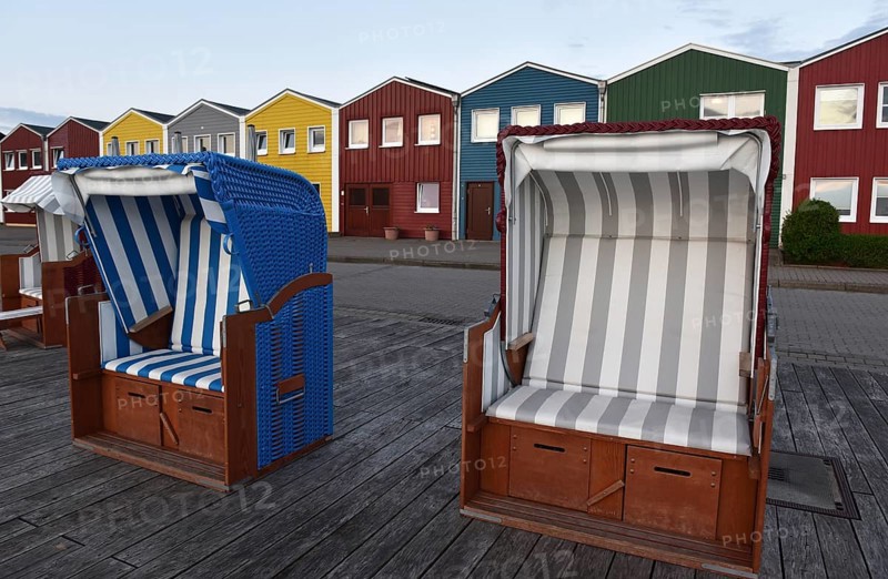 Beach chairs in front of the lobster shacks in Heligoland, Schleswig-Holstein, Germany, Europe