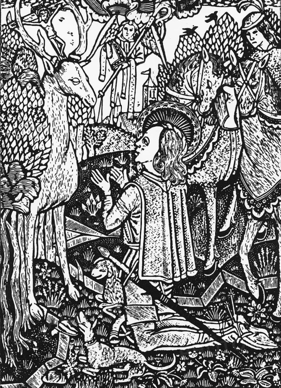 St Hubert of Liège in front of the stag with Christ on its antlers