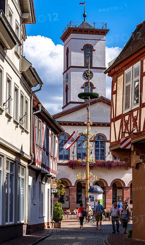 Half-timbered houses and the town hall tower in the old town centre, Seligenstadt, Hesse, Germany, Europe