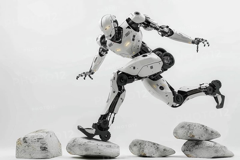 Futuristic humanoid cyborg running and jumping over rocks in front of a white background, AI generated
