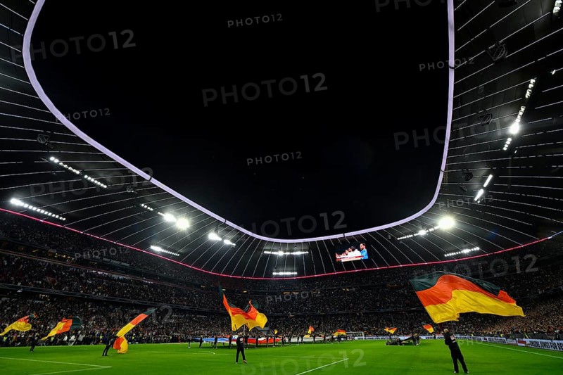 Overview, flag waving in front of the start of the match, German flags, flags, UEFA Nations League international match Germany vs. Netherlands, Allianz Arena, Munich, Bavaria, Germany, Europe