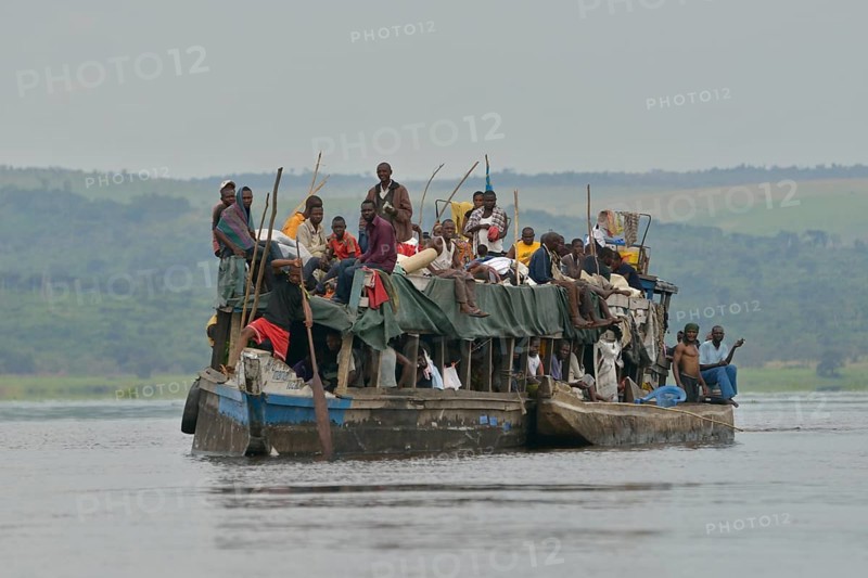 Overloaded boat on the Congo River, near Tshumbiri, Bandundu Province, Congo, Africa