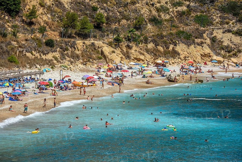 Bathers, Cala Moraig, beach Moraig near Benitachell, Costa Blanca, Spain, Europe