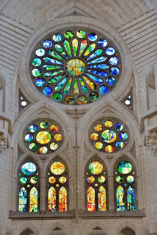 Stained glass windows of the Sagrada Familia, Holy Family Church of the Atonement, by architect Antoni Gaudí, UNESCO World Heritage Site, Barcelona, ??Catalonia, Spain, Europe