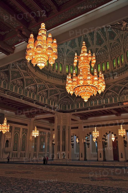 The Great Sultan Qabus Mosque in Muscat is the main mosque in Oman. It is considered one of the most important buildings in the country and one of the largest mosques in the world. Large chandelier in the men's prayer hall, Oman, Asia