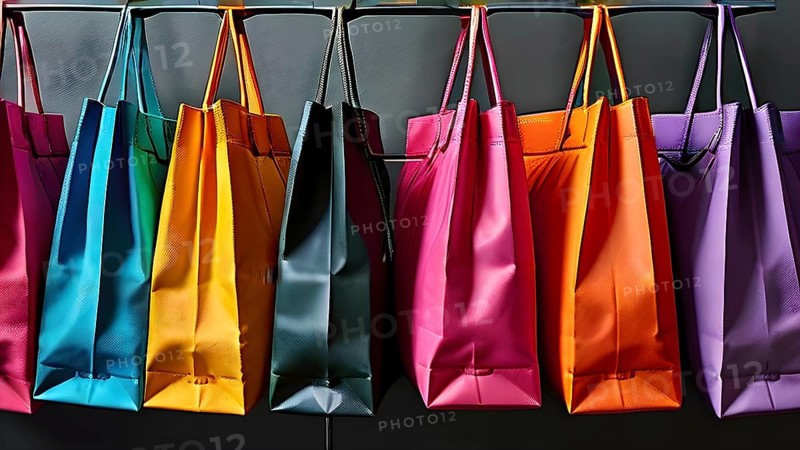 Assorted vibrant shopping bags lined up in front of a grey background, AI generated