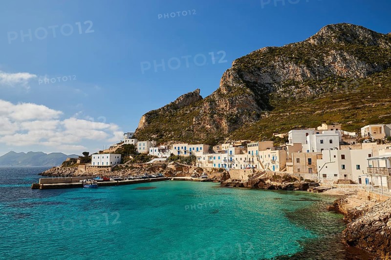 Levanzo village, hills, white houses, green sea, Levanzo, Egadi Islands, Sicily, Italy, Europe