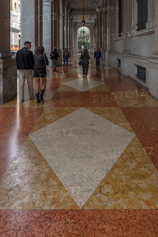 Arcade with fabulous tile floor of the Banca d'Ìtalia, Genoa. Italy